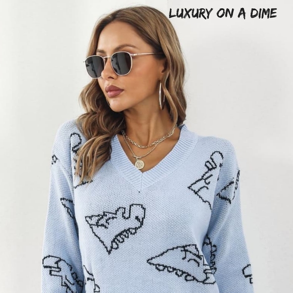 Dinosaur Knit Sweater Dress Round Neck Playful Long Sleeve Oversized Mini Blue - Picture 6 of 8